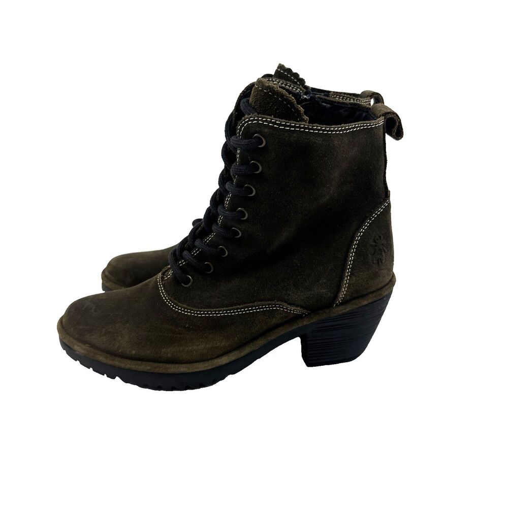 Fly London Wune Boot Lace‎ Up Suede Heel Bootie Brown Sludge Womens 40 US 9-9.5
